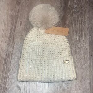 Steve Madden Crystal Embellished Neutral  Light Cream Knit  Faux Fur Pom Beanie